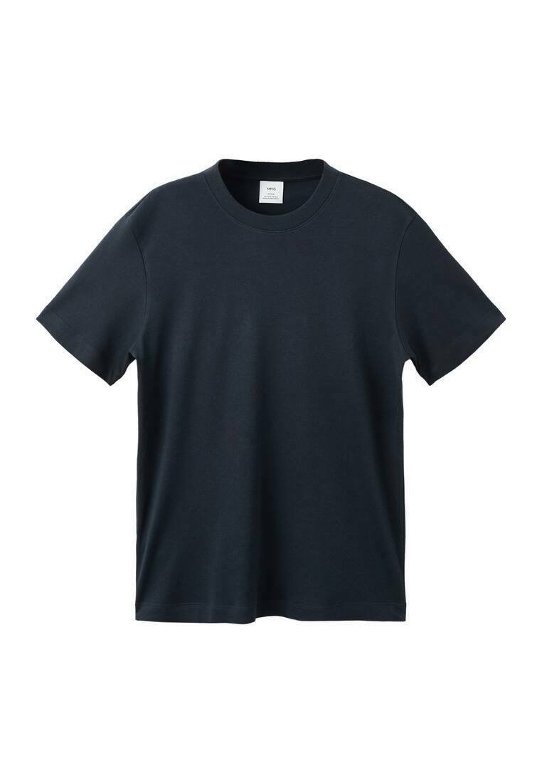 T-shirt a maniche corte di colore blu navy realizzato in cotone morbido, caratterizzato da un collo rotondo e un design semplice e pulito, privo di stampe o accenti.