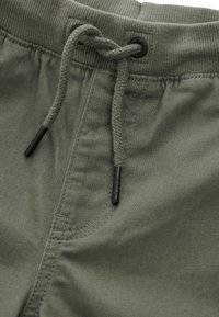 Zielone szorty materiałowe z prążkowanym pasem, ściągaczem z czarnymi końcówkami i widocznym przeszyciem. Gładka faktura i prosty design.