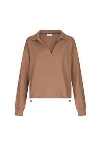 Pullover lungo marrone a maniche lunghe con colletto, scollatura a V e orlo con coulisse. Realizzato in materiale morbido, presenta una texture sottile.