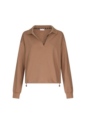 Pullover lungo marrone a maniche lunghe con colletto, scollatura a V e orlo con coulisse. Realizzato in materiale morbido, presenta una texture sottile.