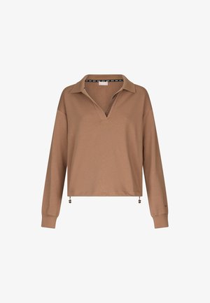 Pullover lungo marrone a maniche lunghe con colletto, scollatura a V e orlo con coulisse. Realizzato in materiale morbido, presenta una texture sottile.