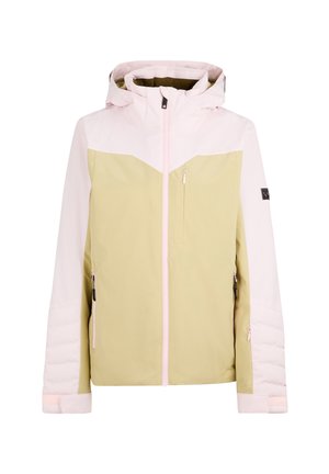 Isolierte Jacke mit einem oberen Abschnitt in zartem Rosa und einem unteren Teil in olivgrün. Verstellbare Kapuze, mit Reißverschluss versehenen Taschen und strukturierten Bündchen.