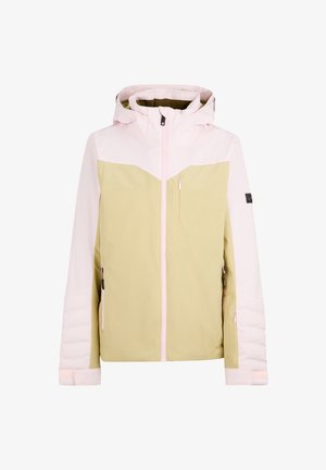 Isolierte Jacke mit einem oberen Abschnitt in zartem Rosa und einem unteren Teil in olivgrün. Verstellbare Kapuze, mit Reißverschluss versehenen Taschen und strukturierten Bündchen.