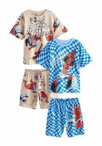 Due set di pigiami per bambini a tema Spider-Man: magliette color sabbia e blu con stampe vivaci, abbinate a pantaloni corti in colori coordinati.