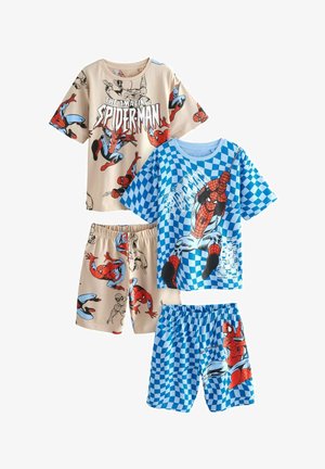 Two sets of children's Spider-Man themed pajamas: tan and blue shirts with colorful prints, paired with matching shorts in coordinating colors.