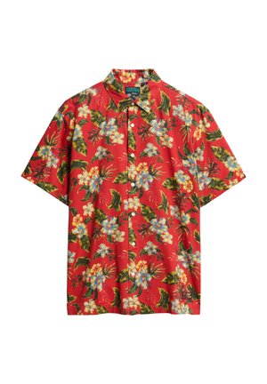 Camisa roja de manga corta con un patrón floral tropical en azul, amarillo y verde, con un cierre frontal de botones y un cuello clásico.