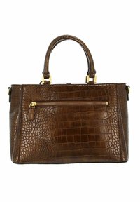 Sac à main en cuir marron embossé crocodile avec ferrures dorées, double poignée supérieure et poche zippée à l'avant. Forme rectangulaire structurée.