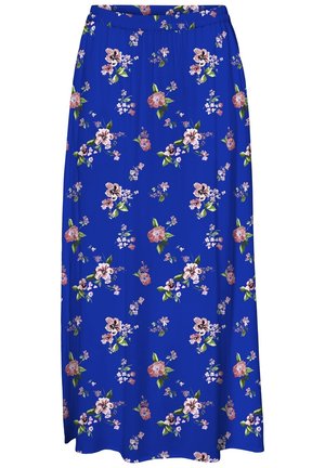 Jupe longue bleue avec motif floral rose, blanc et violet et feuilles vertes, taille élastique et tissu fluide.