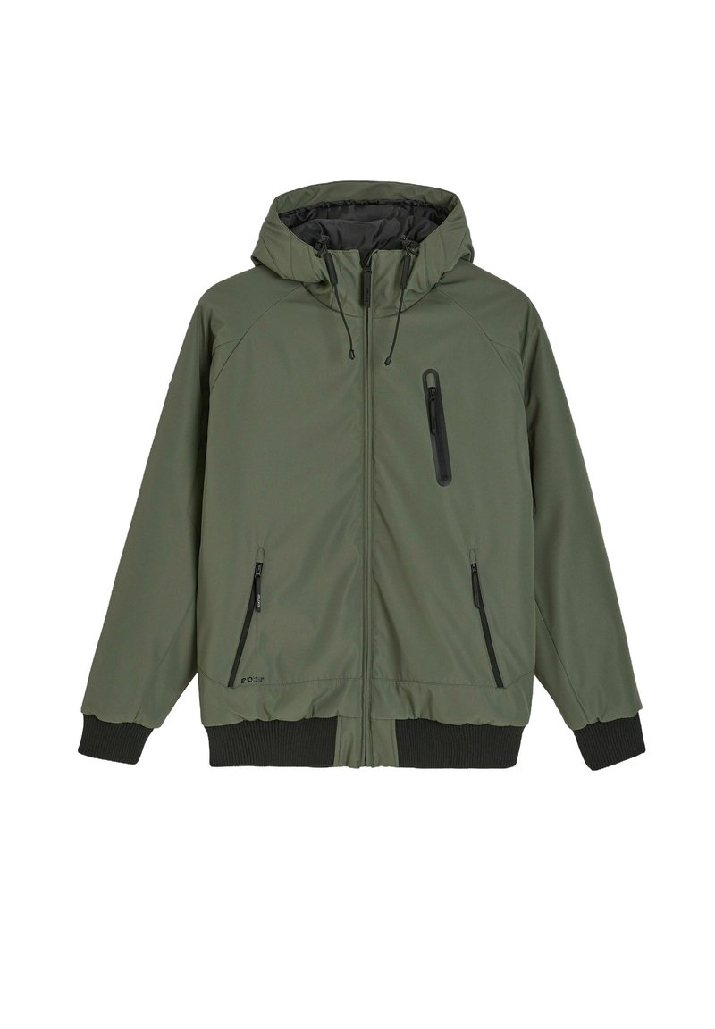 Oliwkowa kurtka z kapturem, z przednim zamkiem błyskawicznym, dwoma bocznymi kieszeniami na zamek i jedną kieszenią na zamek na piersi. Ma ribbowe mankiety i dół. Gładka tekstura.