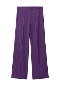 Pantalons larges violets avec une texture lisse, dotés de plis devant et d'une taille haute. Adaptés à diverses occasions.