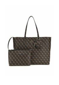 Sac fourre-tout noir à motifs avec des logos marron, doté de deux poignées et d'une pochette assortie plus petite avec une fermeture éclair.