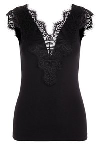 Top nero senza maniche con scollatura a V profonda, con dettagli in pizzo e bordi arricciati sulle spalle. Tessuto morbido e leggero.
