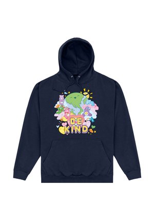 Granatowy hoodie z centralnym grafikiem Ziemi otoczonej kolorowymi postaciami z kreskówek oraz napisem „BĄDŹ MIŁY” w wyraźnej, zabawnej czcionce.