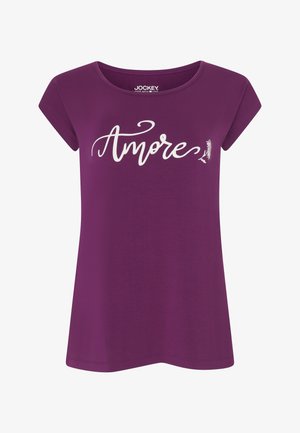 Lila Kurzarm-T-Shirt mit rundem Halsausschnitt, das das Wort "Amore" in weißer, geschwungener Schrift zeigt. Glatter Stoff und lockere Passform.