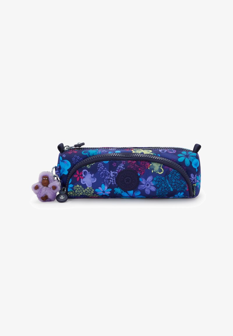 Trousse à crayons bleu marine à motifs floraux avec fermeture éclair et petit porte-clés en peluche violette en forme de singe attaché au curseur de la fermeture éclair.