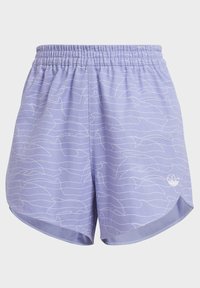 Violetti elastiset vyötäröshortsit, joissa on valkoinen aaltoilukuviota. Valmistettu kevyestä kankaasta, jossa on pyöristetty helma ja logo-osio.