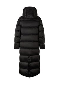 Schwarze Daunenjacke mit einer langen, geraden Silhouette; verfügt über eine Kapuze und ein kastiges, gestepptes Design; glatte Textur; Frontreißverschluss-Detail.