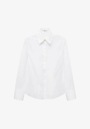 Bela srajca z dolgimi rokavi iz gladkega tkanja, z izpostavljenim ovratnikom, zapenjanjem na gumb in zaobljenim robom s stranskimi razporki.