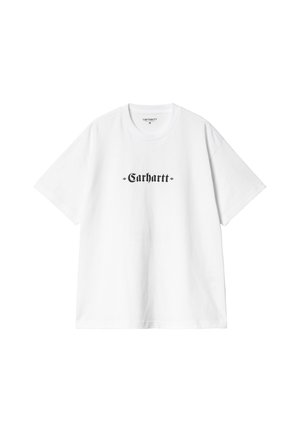 Camiseta de algodón blanca con un gráfico negro de "Carhartt" centrado en la parte delantera, cuello redondo y mangas cortas.