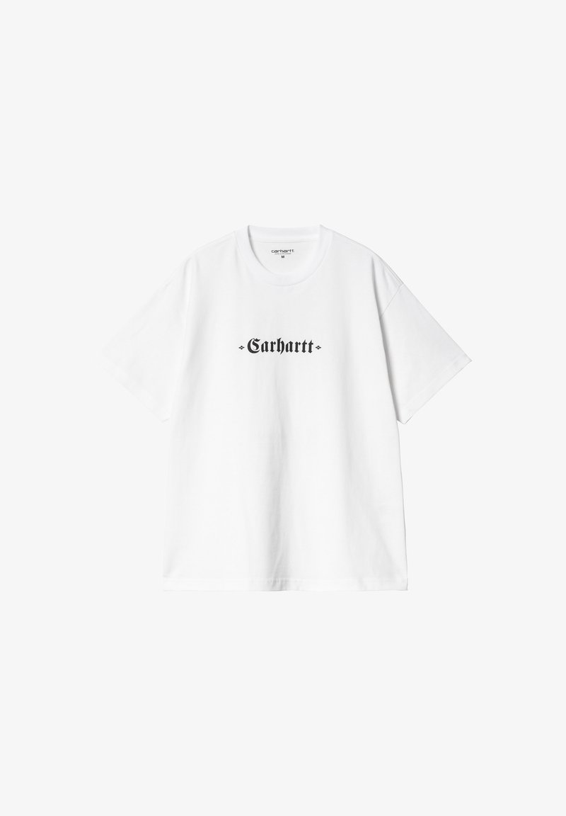 Camiseta de algodón blanca con un gráfico negro de "Carhartt" centrado en la parte delantera, cuello redondo y mangas cortas.
