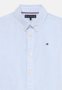Ljust blå och vit randig bomullsskjorta med knapp-down krage, klassisk passform, beige knappar och en liten broderad logotyp på vänster sida.