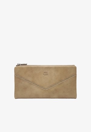 Portefeuille en cuir beige avec fermeture éclair, coutures obliques et logo "mila louise PARIS" centré sur le devant.