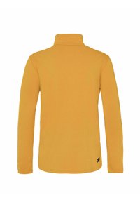 Langärmliger Pullover in leuchtendem Gelb, aus weichem Material gefertigt. Mit kleinem Kragen und Bündchen, minimalistisches Design ohne sichtbare Verschlüsse.