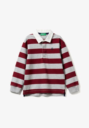 Koszulka polo z długim rękawem w szaro-bordowe poziome paski, z białym kołnierzykiem i małym haftowanym logo na piersi.