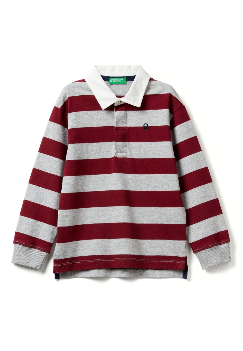 Koszulka polo z długim rękawem w szaro-bordowe poziome paski, z białym kołnierzykiem i małym haftowanym logo na piersi.
