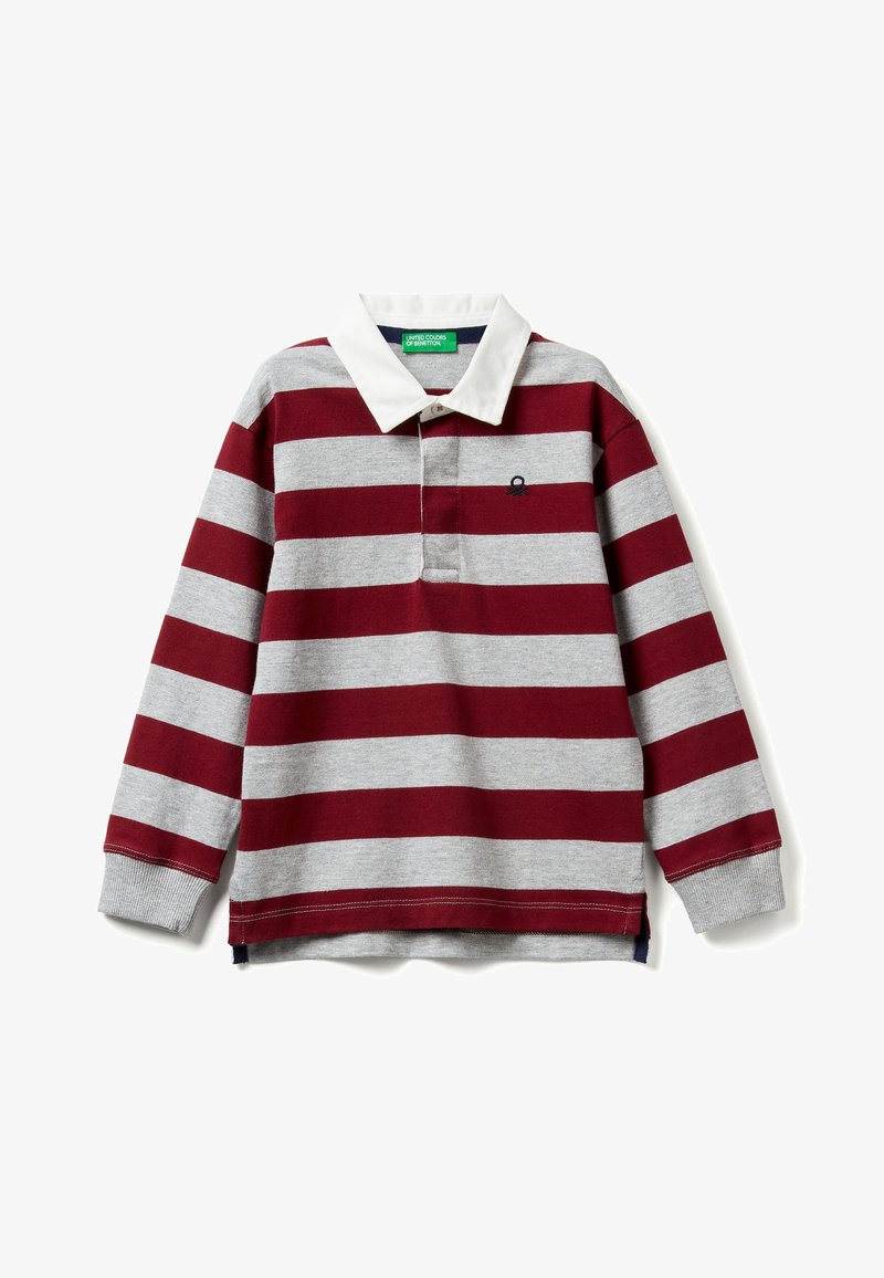 Koszulka polo z długim rękawem w szaro-bordowe poziome paski, z białym kołnierzykiem i małym haftowanym logo na piersi.