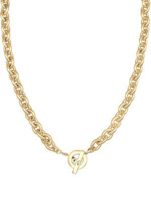 Guldtonad kedja halsband med stora länkar, en slät yta och en cirkulär lås som har en rak stång genom mitten.