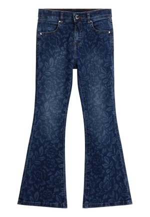 Mørkeblå vidde jeans med knap- og lynlås-lukning, forlommer og diskret blomsterprint over hele stoffet.