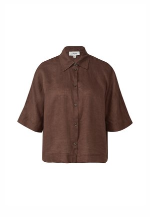 Bruine, kortarmige shirt van linnen, met een knoopsluiting aan de voorkant en een klassieke kraag. Losse pasvorm met een gladde textuur.