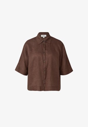Bruine, kortarmige shirt van linnen, met een knoopsluiting aan de voorkant en een klassieke kraag. Losse pasvorm met een gladde textuur.