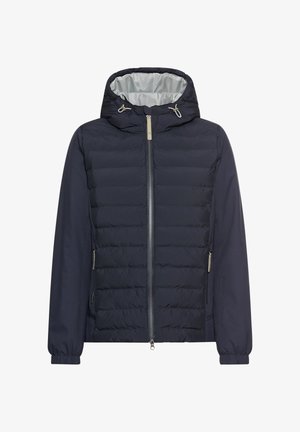 Granatowa kurtka puchowa z kapturem, z pełnym zamkiem błyskawicznym, bocznymi kieszeniami i elastycznymi mankietami. Wnętrze wyłożone jasnoszarym, gładkim materiałem.