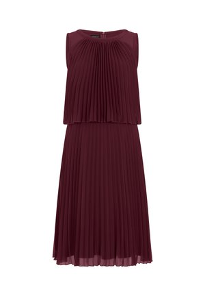 Abito midi bordeaux senza maniche con tessuto in chiffon sovrapposto e plissettato e scollo rotondo, con chiusura a cerniera sul retro.