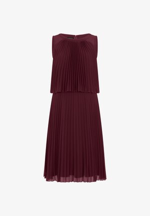 Abito midi bordeaux senza maniche con tessuto in chiffon sovrapposto e plissettato e scollo rotondo, con chiusura a cerniera sul retro.