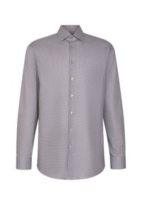 Camicia a maniche lunghe con motivo a quadri blu navy e bianco, caratterizzata da colletto classico, chiusura con bottoni e tessuto con texture leggermente lucida.
