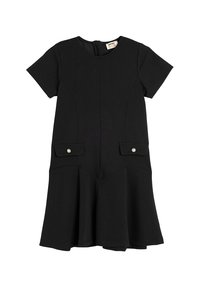 Schwarzes Kurzarmkleid aus dickem Stoff, mit zwei vorderen Taschen und dekorativen Knöpfen sowie einem ausgestellten Saum.