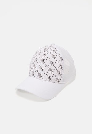 Cappello bianco con una parte anteriore a fantasia caratterizzata da grafiche nere e croci. I lati e il retro in rete creano un design traspirante. Visiera curvata.