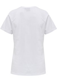 Hvid bomulds T-shirt med korte ærmer, rund halsudskæring og en glat tekstur. ryggen har et enkelt, ensartet design.