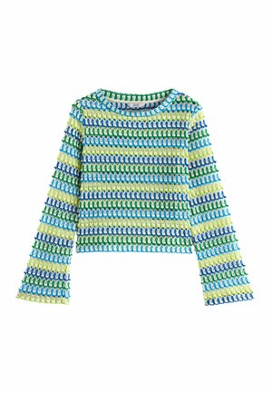 Pull en crochet à manches longues avec des rayures horizontales en bleu, vert, vert clair et blanc, doté d'un col rond.