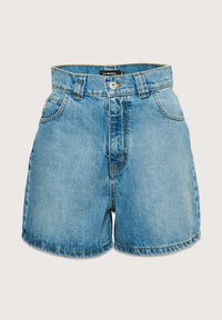 Heledad sinine teksapüksid kõrge vöökoha ja nööbi ning lukuga, viie tasku ja rullitud servaga. Pehme tekstuur ja mugav lõige.