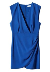 Robe bleu sans manches en tissu lisse avec un décolleté en V profond, des détails de ruching sur les côtés et une fermeture éclair au dos.