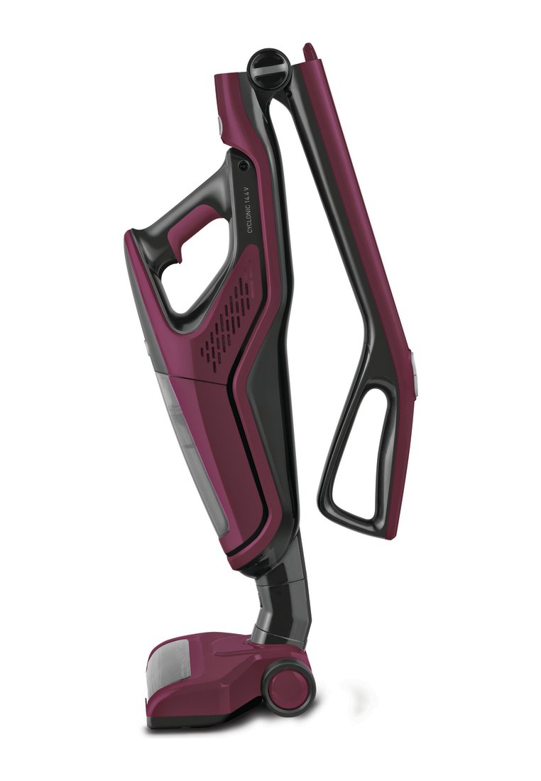 Aspirateur sans fil en violet foncé et noir. Il présente un corps effilé, une poignée ergonomique, un conteneur à poussière transparent et un design compact.