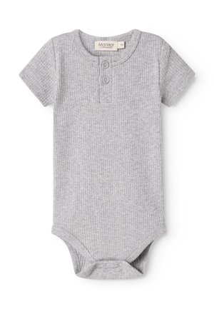 Grå stripete kortermet bodysuit med henley-krage og to knappestolper, med tettsittende passform og myk tekstur.