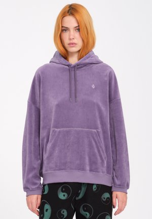 Purple fleece hoodie with drawstring hood, front kangaroo pocket, and ribbed cuffs. Soft texture with a logo detail on the chest.