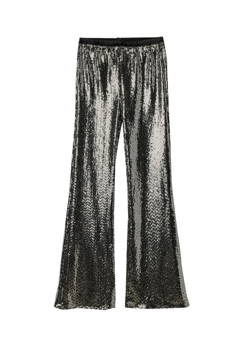 Flared sequin pants in black and silver tones, featuring a stretchy waistband and a shiny, textured finish with reflective properties.