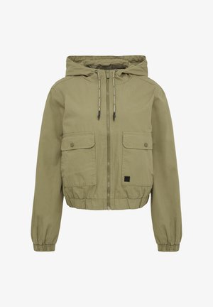 Olivno zelena skrajšana jakna z vrvico na kapuci, sprednjim zadrgo in dvema velikima žepe s poklopcem. Ima elastične manšete in rob.