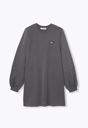 Sweat-shirt gris avec des manches longues et bouffantes, un col côtelé et un petit patch décoratif sur la poitrine. Matériau doux en mélange de coton.